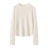 Suéter Feminino de Lã Merino 100% Fio Ultra Fino com Listras Horizontais, Gola Redonda, Barra Curva, Malha Versátil