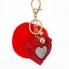 Llavero con colgante de bola de pelo de conejo Rex de imitación, borla de corazón, terciopelo coreano, forma de corazón, adorno colgante de diamante.