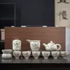 Juego de té Kung Fu Ru Kiln, apto para el hogar, tetera de cerámica, taza de té, piezas de apertura, olla con viga elevada, tapa, tazón, caja de regalo, obsequio de acompañamiento