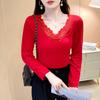 Blusas Quentes para Mulheres no Outono e Inverno, Renda Aveludada e Espessa com Decote V Roupas de Outono, Camisetas Básicas Justas, Tops para Usar por Cima