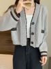 Cárdigan de punto con cuello en V para otoño e invierno, abrigo pequeño, nuevo diseño de estilo coreano 2023, top de manga larga adelgazante con contraste de color para mujer