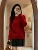 Suéter Coreano Estilo Perezoso Rojo Cuello Redondo para Mujer, Primavera Temprana 2026, Corte Holgado, Adelgazante, Versátil, Manga Larga, Tejido Suave