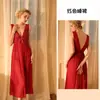 Camisola Sexy de Encaje y Malla con Lazo Delantero Espalda Descubierta Vestido Largo para Casa para Mujer 419