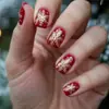 Uñas postizas rojas cuadradas cortas de Navidad con diseño de lunares florales dorados, uñas postizas desmontables