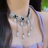 Colar choker gola feminina flor de cristal tridimensional com borla de pérola corrente para clavícula moda
