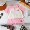 Conjunto de Camisa Polo Manga Curta Infantil 2024 Novo Padrão Waffle Meninos e Meninas Estilo Coreano Casual Roupas Infantis Atacado para Crianças Pequenas