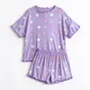 Pijama Infantil Azul Novo Estilo 2026 Estampa de Desenho Animado Mangas Curtas com Babados e Shorts para Meninas Roupa de Casa para Ar Condicionado