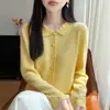 Nuevo Suéter 100% Lana Otoño/Invierno 2026 para Mujer, Cárdigan de Punto con Cuello Polo, Top Suéter Calado de Ganchillo de Manga Larga