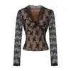 Camiseta Pure Desire Sexy de Encaje Floral con Cuello en V y Nudo de Manga Larga 25 Otoño/Invierno Nuevo Dulce y Picante Top Básico Adelgazante