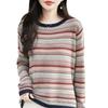 Nuevo Tejido de Punto de Algodón Puro Retro de Primavera y Verano 2025 de Manga Larga con Cuello Redondo y Recortes de Color en Contraste, Camiseta Top Holgada para Mujer