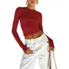 Camiseta nueva de primavera para mujer, moda europea y americana, camiseta básica de color liso con cuello redondo, top ajustado de manga larga para mujer