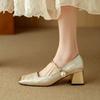Sapatos de salto alto de primavera, sapatos femininos de camada única, novos, estilo chinês, estilo nacional, sapatos Mary Jane de cabeça quadrada, salto grosso com pérola francesa
