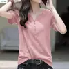 Camiseta suelta de manga corta con cuello en V para mujer, adelgazante, versión coreana de verano 2026, talla grande, color liso, top simple de manga corta