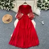 Vestido Puff con Mangas Abullonadas Estilo Palacio para Mujer, Diseño Otoñal con Borlas, Estilo Maduro y Elegante, Falda Larga con Dobladillo Amplio