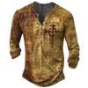 Camisa Masculina Vintage Estampada em Tecido Olho de Perdiz Manga Longa Decote V Abertura Frontal Tamanho Grande Camiseta Masculina Estampa Digital 3D Cruz Europeia e Americana