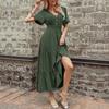 Bai Fen Zhi YiAmazon Verano Versátil Romántico Elegante Ajuste Delgado Cuello en V Volantes Color Sólido Vestido