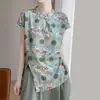 Camisa Retro de Verão com Gola Cheongsam, Estampa em Seda Sintética, Manga Curta, Design Feminino Emagrecedor, Top Estilo Chinês