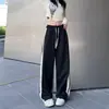 [Foto real mais veludo espessado] calças casuais femininas high street hip hop listradas perna larga calças esportivas