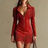 Vestido Curto de Manga Longa com Franjas Estilo Western Europeu e Americano 2026 com Decote V Profundo, Zíper, Caimento Justo, Bodycon, Vestido de Festa Europeu e Americano