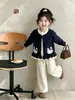 Ropa para niñas Aekyung, lindo conjunto de punto con conejito de lunares, chaqueta suéter con volantes y pantalones de pierna ancha conjunto de dos piezas