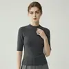 Suéter base para mujer, lavable a máquina, sin costuras, cuello medio alto, manga corta, corte ajustado, delgado, tipo playera de punto, tejido