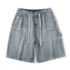 Shorts de Mezclilla de Verano 2026 para Hombre, Estilo Ins Americano Sueltos Rectos Casuales a la Rodilla con Cintura Elástica, Shorts Lavados de Longitud Media