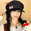 Boina de Mezclilla Estilo Japonés para Mujer, Lazo Artístico Retro, Sombrero Octogonal Lavado Estilo Coreano con Cordón Rojo Dulce que Hace que la Cara Parezca Más Pequeña