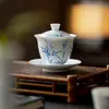 Juego de tres cuencos con tapa de cerámica de pared delgada, Sombra de Bambú Azul y Blanco, Pintado Puramente a Mano, Taza de Té de Porcelana Blanca Dulce con Color Bajo Esmalte, Juego de Té Kung Fu Estilo Chino