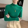 Camiseta Básica de Punto de Cachemir Ajustada Adelgazante de Color Sólido Todo-partido de Cuello Semi-alto de Gama Alta sin Costuras