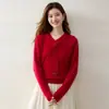 Suéter feminino de malha com decote em V, design de fita, mangas compridas, solto, com temperamento, estilo francês gentil, toque de alta qualidade