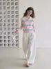 Top de polo a rayas con bloques de color frescos y vibrantes estilo coreano para mujer, diseño de verano con bordado, look juvenil, mangas acampanadas pequeñas, camisa de punto