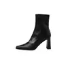 Botines elásticos de piel de oveja+PU para mujer, botines ajustados para otoño, nuevos botines cortos elásticos de punta cuadrada con cremallera lateral y tacón alto grueso para mujer