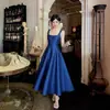 Vestido regata de gola quadrada com barra larga para mulheres, elegante e maduro, acinturado, modelador, estiloso e elegante, adequado para encontros e festas no verão