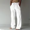 2023 cross-border novas calças masculinas algodão e linho casual cor sólida fino linho solto calças masculinas elástico cintura amarrado