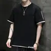 Camiseta de manga curta Verão Masculino Estilo Hong Kong Gola Redonda Camiseta Meia Manga Longa All-match Trendy Brand Top Camiseta Masculina plus size