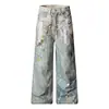 Jeans de Perna Larga com Estampa de Corrente de Contas de Renda Estilo Street Hip-Hop para Homens, Calça Casual Reta Vintage Nova de Primavera para Mulheres