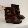Botas de pierna de pantalón apiladas con volantes para mujer 2026 otoño nuevo tacón grueso botas cortas negras para mujer combinan con faldas botas Martin de motocicleta