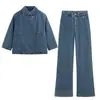 Traje de mezclilla para mujer con cuello alto, botones diagonales, chaqueta de mezclilla y pantalones largos de pierna ancha de cintura alta acampanados, conjunto de dos piezas, en stock 4001058
