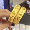 Joyería de Jade para Boda Nupcial, Pulsera Gruesa de Tres Oros de Oro Genuino con Patrón de Dragón y Fénix, Oro de Arena de Cobre de Imitación, Pulsera Versátil de Lujo Ligero