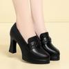 Sapatos Pretos de Couro Atacado do Fabricante para Mulheres, Sapatos Femininos Primavera e Outono, Saltos Agulha, Plataforma Impermeável, Sapatos de Salto Alto Versáteis e Elegantes