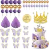 49 peças de decorações de bolo de borboleta roxa com coroa dourada, toppers de bolo de borboleta com bolinhas, suprimentos para festa de bebê e festa de aniversário