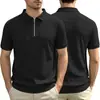 Camisa tipo polo de punto jacquard a rayas verticales con media cremallera para hombre, transpirable, elástica, casual, estilo americano, manga corta.