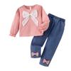 Especial Transfronterizo de Amazon para Otoño e Invierno Nuevo y Caliente Traje de Pantalón para Niñas Top de Manga Larga con Lazo Pantalones de Mezclilla