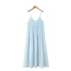 Moda Estilo Resort de Praia Europeu e Americano Roupa Simples Vestido de Alça para Mulheres Solto Casual Decote V Comprimento Longo