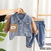 Traje para niños pequeños y medianos, traje de dos piezas de mezclilla con bolsillo de dos colores, suéter de cuello redondo para niños, pantalones, fabricantes al por mayor