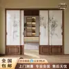 Nova Porta de Correr Cor de Noz Estilo Chinês com Padrão de Bambu Tinta Vidro Temperado para Varanda, Cozinha e Uso Interno