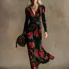 Vestido de punto de manga larga con cuello en V de estilo nuevo transfronterizo con elementos de impresión digital 3D, falda de moda y personalizada entallada a la cintura para mujer