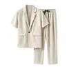Conjunto de Duas Peças Masculino Casual Transfronteiriço com Blazer Drapeado de Manga Curta e Calça Preta Reta com Cordão