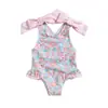 Traje de baño de una pieza para niñas estilo Iins transfronterizo con estampado floral, espalda cruzada con doble lazo, espalda muy descubierta y ribete de encaje