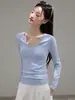 Camiseta de Manga Larga con Cuello en V Profundo de Algodón Peinado Puro 40s para Mujer Otoño 2026 Nueva Ajustada Versátil Hombro Normal Top Capa Base
